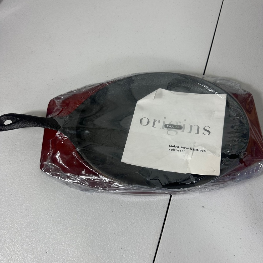 Origins Fajita Pan Black Cast Iron Sizzler Skillet Wooden Base Set